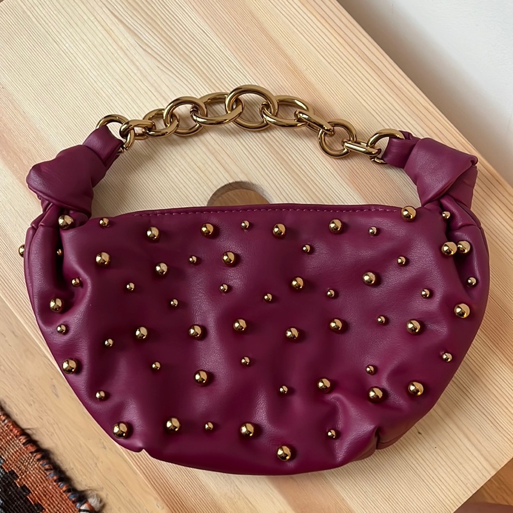 Zara Studded Berry Shoulder Bag with Gold Chain